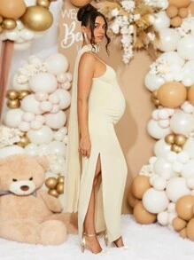Loomaby Casual Solid Color Side Slit Strap Maternity Dress For Summer,Autumn For Baby Shower Party - Apricot - View 6