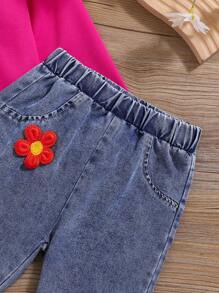 2 件套年轻女孩休闲时尚刺绣白色运动衫和装饰牛仔裤套装