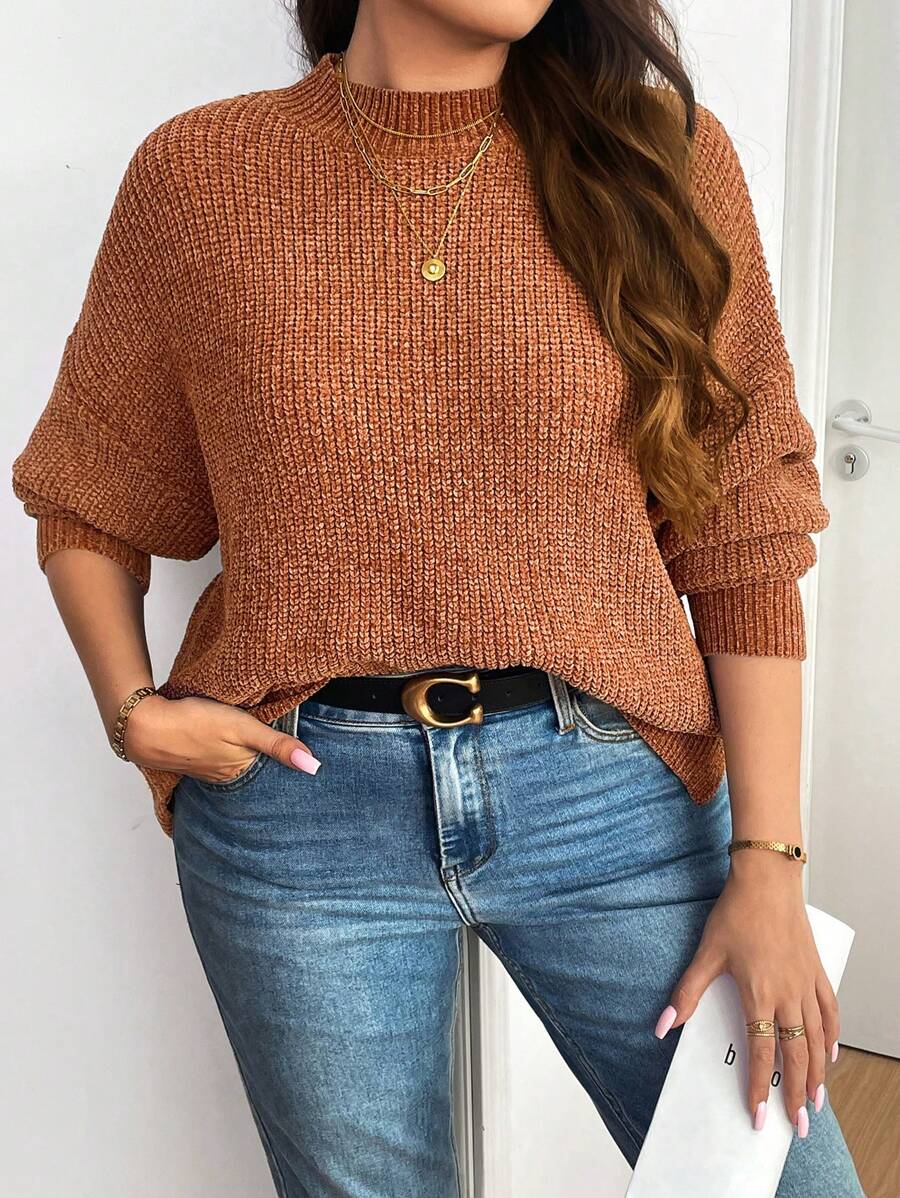 Flirla Plus Size Textured Knit Funnel Neck Pullover Knit Pullover Fall Winter Outfit