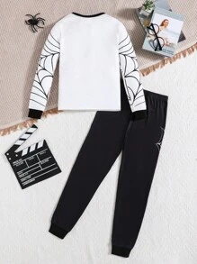 SHEIN Tween Boy 2 件套休闲蜘蛛印花圆领长袖上衣和长裤套装，贴身睡衣，适合秋冬季 - 紅白色 - 查看 2