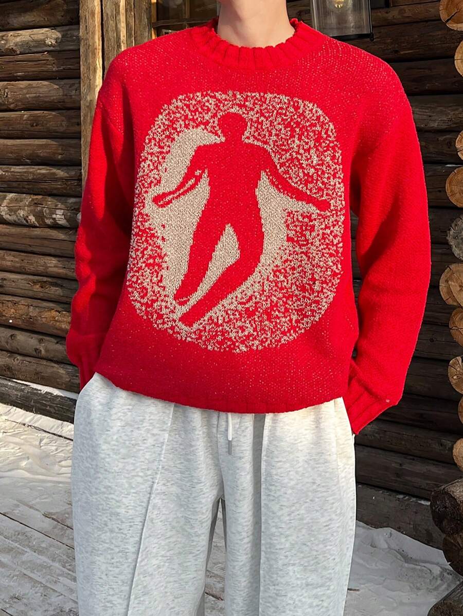 Manfinity Roghcode Men's Crew Neck Long Sleeve Minimalist Casual Pullover Sweater With Figure Graphic - Red - View 1