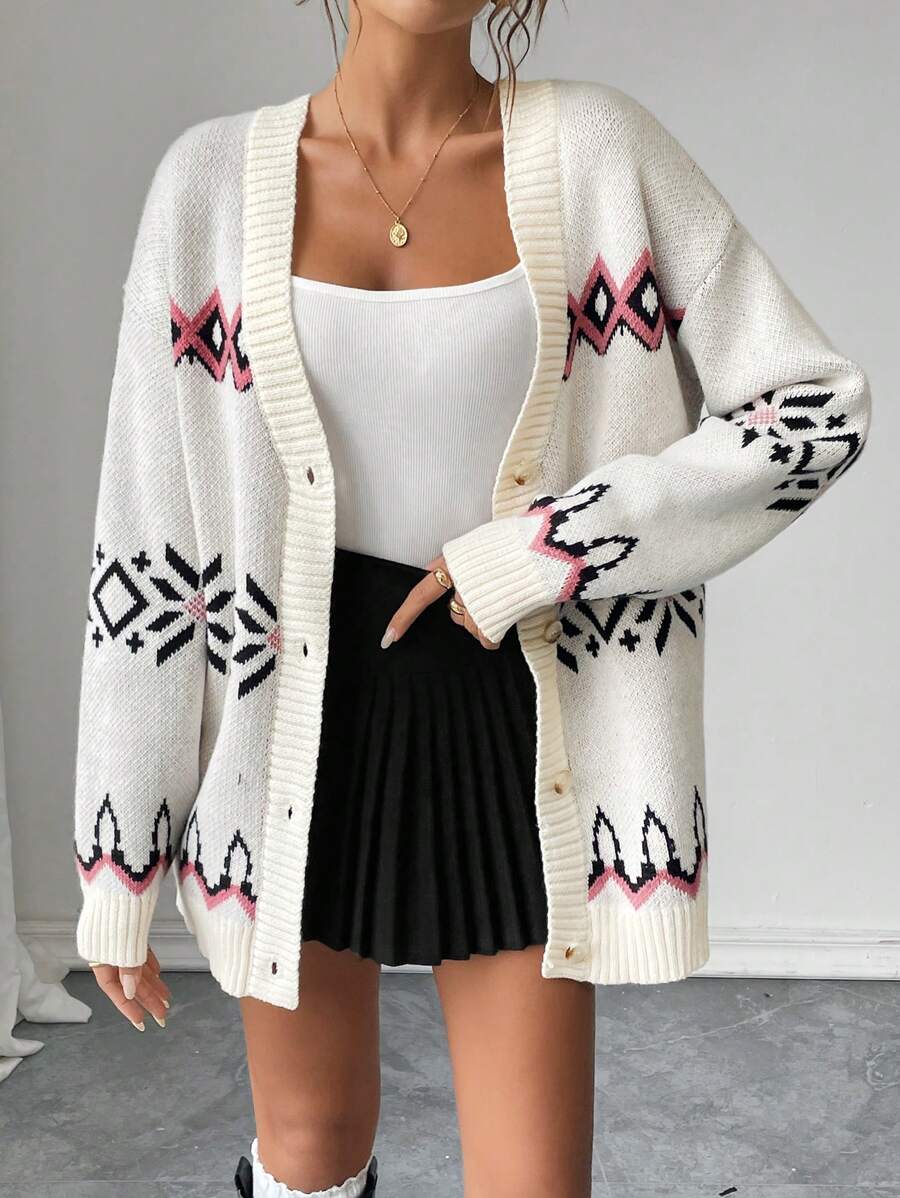 Chiquease Áo len dệt kim hở phía trước hình học rộng rãi cho nữ - Màu be - Xem 1