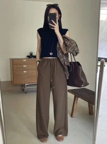 DAZY Quần dài màu trơn lưng thun co giãn có dây rút cho nữ - màu nâu - Xem 3