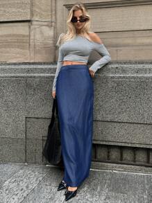 Forever 21 女式休闲牛仔半身裙，带拉链侧开衩 - 藍色 - 查看 7