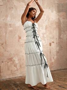 Opulessa Robe de mariée ajustée en couleur unie tressée avec nœud, robe d'été extra longue pour femmes