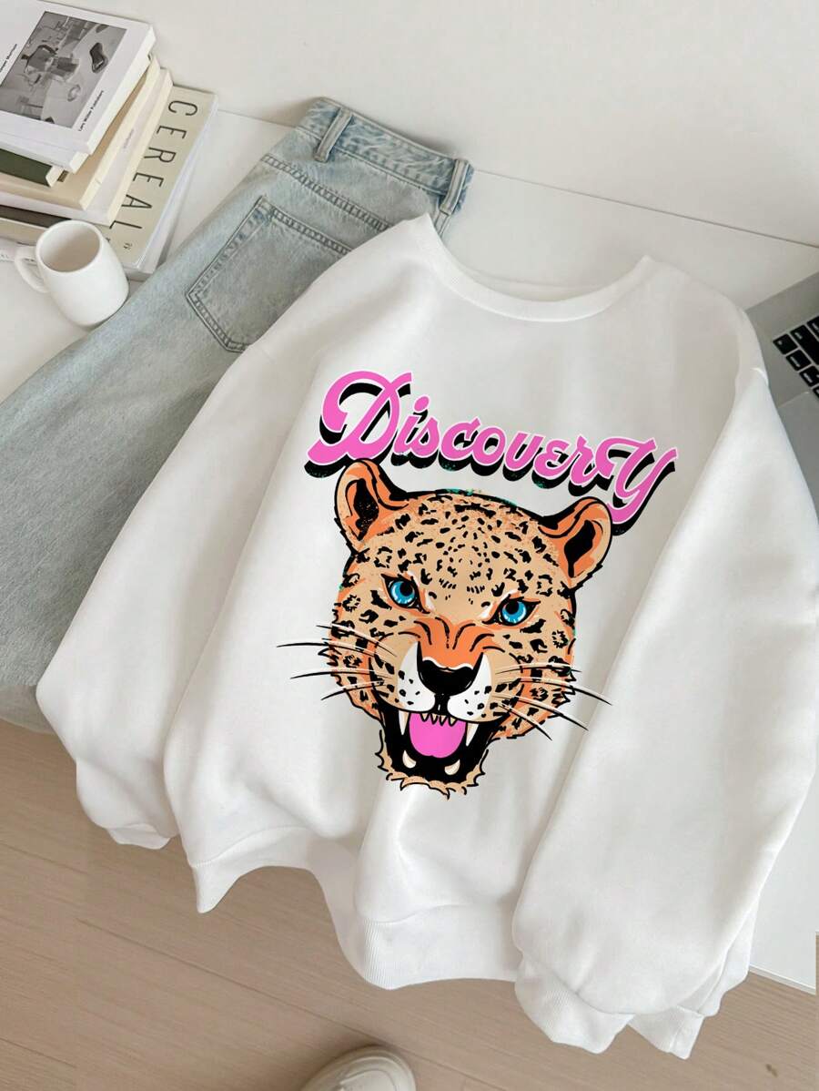 SHEIN Leap Crew Áo sweatshirt tay dài cổ tròn dày dặn, dáng rộng, tối giản, họa tiết hổ cổ điển, thích hợp cho bé gái tuổi teen, phù hợp mùa thu/đông. - trắng - Xem 1