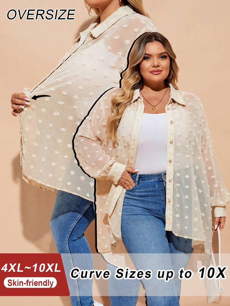 SHEIN CURVE+ Plus Size Sheer Floral Textured Long Blouse Versatile & Elegant