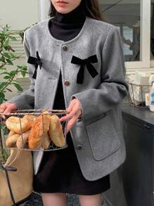 DAZY Áo khoác cardigan cổ tròn đính nơ cho nữ, Áo khoác nữ thu/đông, Quần áo nữ mùa thu Áo khoác nữ - Xám - Xem 6