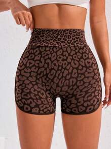 Easithlete Short de yoga sport sans couture à taille haute avec imprimé léopard extensible pour femmes. Short de transpiration, short de gym, short de cycliste