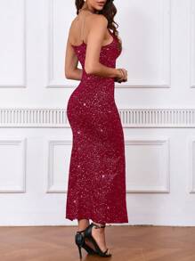 SHEIN Clasi Women Metallic Chain Strap Mermaid Hem Bodycon Dress Burgundy Maxi Women Outfit