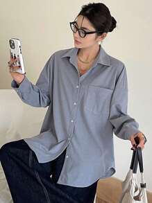 DAZY Women's Plain Regular Collar Oversized Corduroy Thick Casual Shirt
