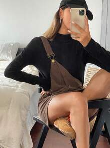 DAZY 女式纯色修身灯芯绒口袋吊带迷你连衣裙，秋季服装 - 棕色 - 查看 8