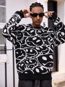 Pull col ras-du-cou à manches longues imprimé all-over pour hommes - Noir - Voir 1