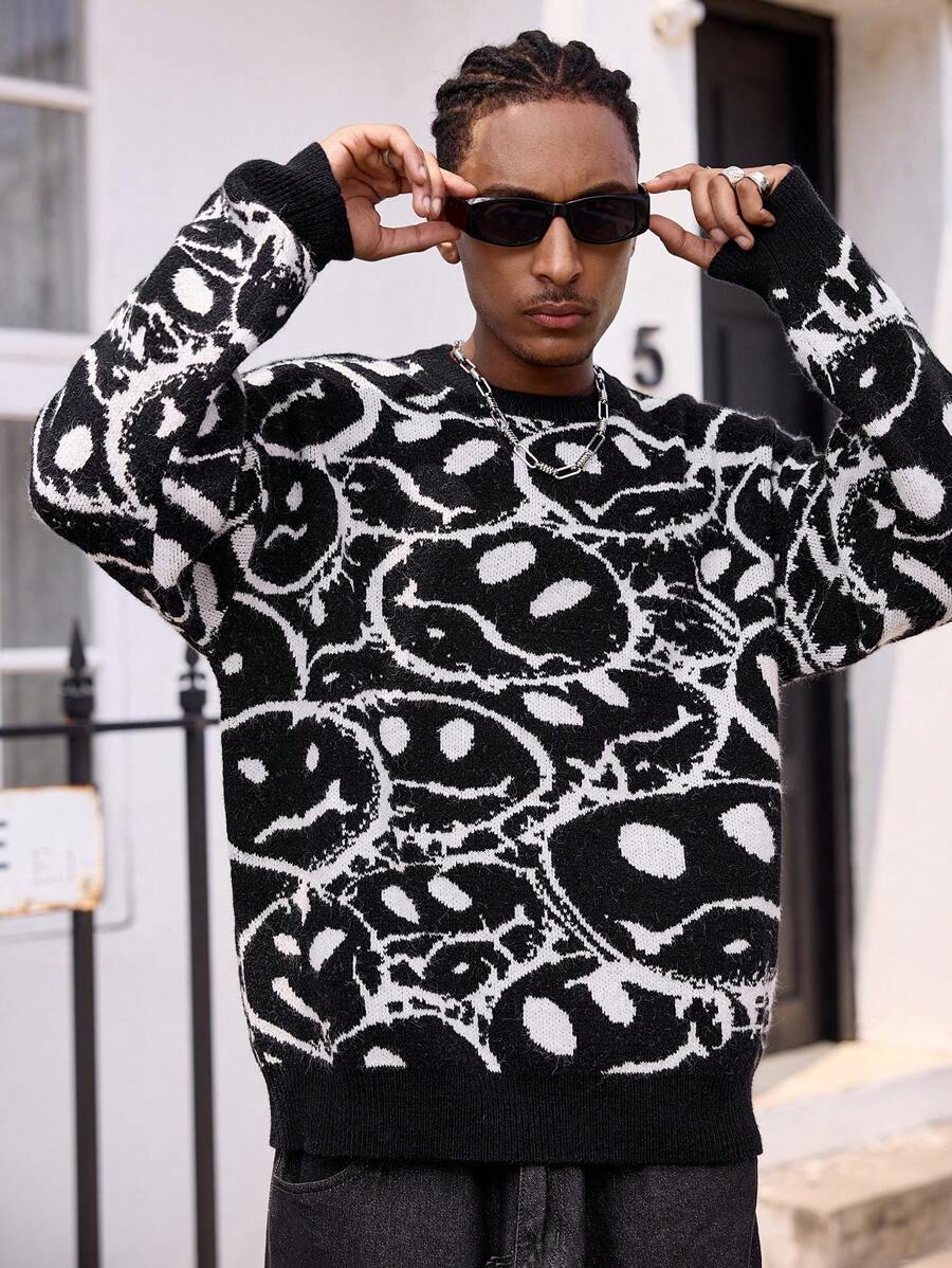 Pull col ras-du-cou à manches longues imprimé all-over pour hommes - Noir - Voir 1