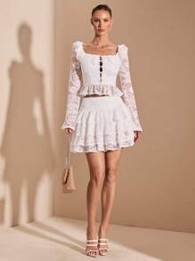 SHEIN BAE Pure White Sweet Romantic Lace Long Sleeve Crew Neck Top With Multi-Layer Lace Ruffled Trim And Matching Multi-Layer Lace Ruffle Hem Skirt 2Pcs Set, Suitable For Cocktail Party, Romantic Date, Winter Layering Dress, Party, Night Out Outfit, Matching Sister/Best Friend Outfit - White - View 4
