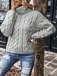 EMERY ROSE Jersey de cuello alto de punto de cable de unicolor, jersey informal, manga larga, jersey de punto para otoño e invierno - Gris - Ver 4