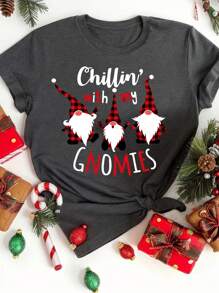 SHEIN MOOSTA Camiseta de cuello redondo navideña, camiseta de cuello redondo regular de mujer con gráficos de Papá Noel y eslogan, adecuada para camisetas gráficas de primavera y verano para mujeres