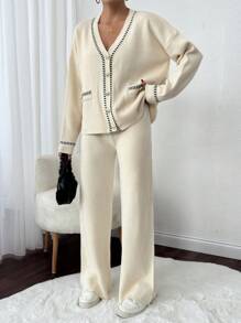 EURMUSE 休闲开衫和裤子针织套装，秋冬 - 杏色 - 查看 5