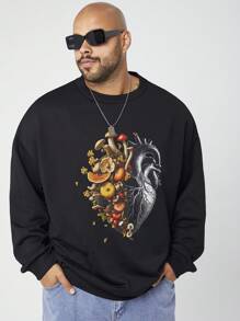 Manfinity VCAY 大码男士休闲心形蘑菇图案圆领长袖运动衫，适合秋冬 - 黑色 - 查看 1