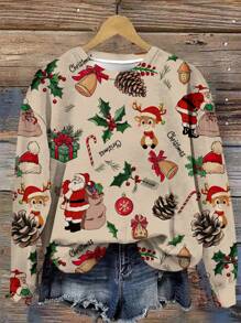 SHEIN LUNE Christmas Element Pattern Loose Fit Round Neck Women's Autumn/Winter Casual Sports Sweatshirt,Christmas Clothes Women,Long Sleeve Tops - Multicolor - View 1