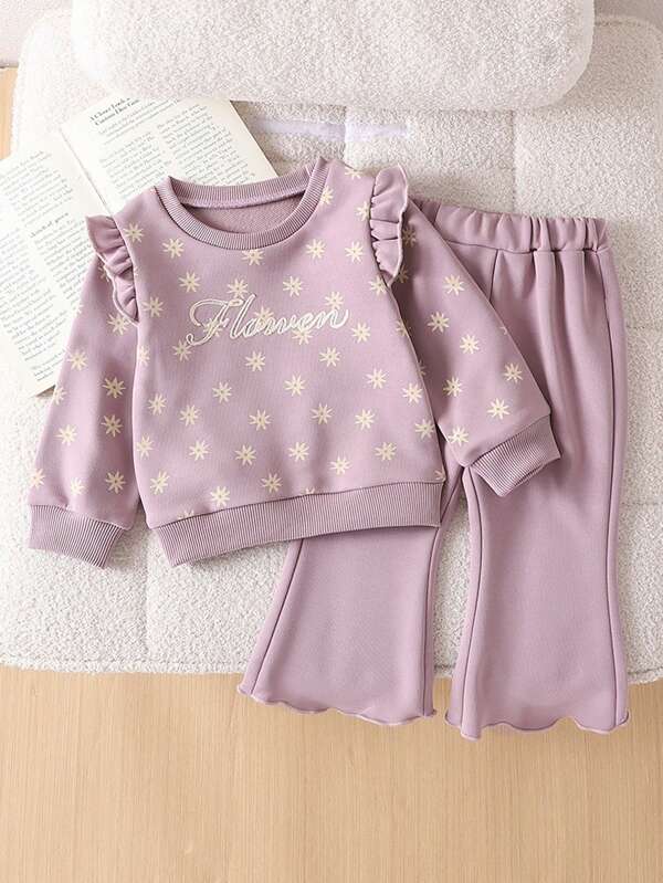 SHEIN Vintaside Kids 1 conjunto de blusa e calça de manga comprida damasco para bebê menina, roupa combinando, versátil para o outono