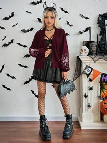SHEIN ChicEase Cárdigan casual y suelto con gráfico de tela de araña de Halloween para mujer - Burdeos - Ver 6