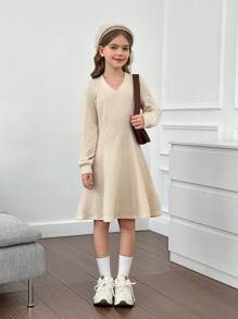 Tween Girls' Fitted Knit Cable V-Neck Sweater Dress