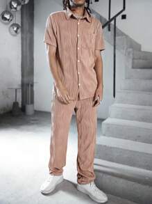 Manfinity Homme 2pcs Men Solid Color Textured Short Sleeve Pocket Buttoned Shirt And Casual Pants Set - Brown - View 4