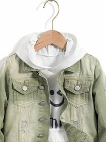 Young Boy Medium Washed Distressed Blue Camouflage Panel Denim Jacket - Army Green - View 7