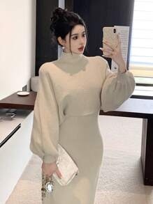 DAZY Bộ 2 món: Áo len tay loe cổ đứng trơn thanh lịch dành cho nữ và chân váy, mùa thu/đông - Màu Khaki - Xem 8