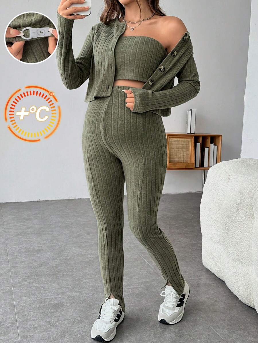 SHEIN Maternity 3 Pieces Set: Solid Tube Top, Button Front Jacket & Leggings - Army Green - View 1