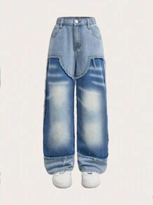 SHEIN Teens Boys' Casual Contrast Color Pasted Graffiti Pattern Frayed Hem Straight Jeans - Medium Wash - View 1