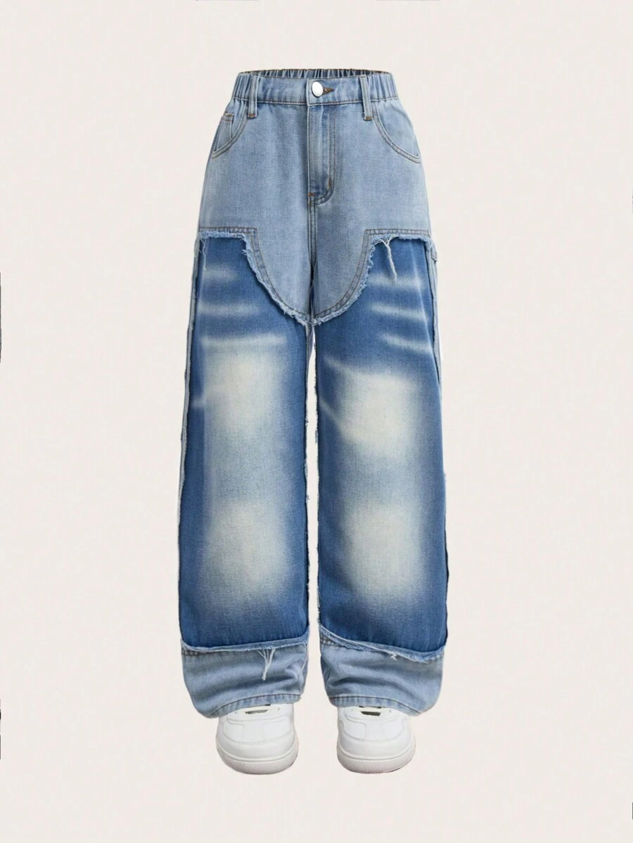 SHEIN Teens Boys' Casual Contrast Color Pasted Graffiti Pattern Frayed Hem Straight Jeans - Medium Wash - View 1