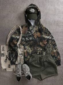 SHEIN EZwear Áo hoodie in họa tiết cổ điển Branch Camouflage thời trang đường phố hợp thời trang, phù hợp cho mùa thu/đông - trắng - Xem 1