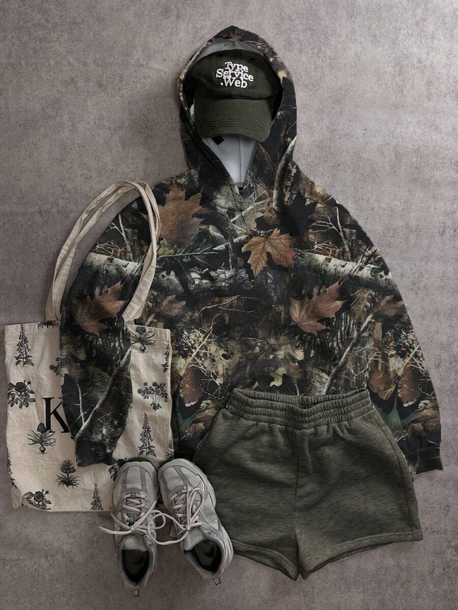 SHEIN EZwear Áo hoodie in họa tiết cổ điển Branch Camouflage thời trang đường phố hợp thời trang, phù hợp cho mùa thu/đông - trắng - Xem 1