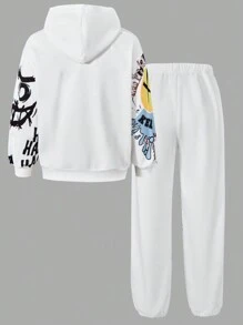 SHEIN Tween Girls 2 件套：涂鸦印花连帽衫和抽绳腰裤，休闲且适合万圣节、春季和秋季 - 白色 - 查看 2
