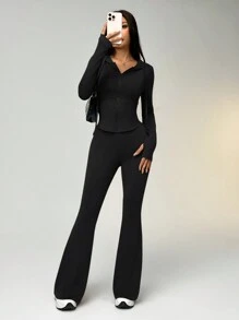 SHEIN EZwear Women's Solid Color Zip-Up Drawstring Hooded Sweatshirt And Flared Pants Set, Sports Suit