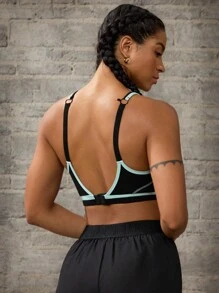 Powerista Women Contrast Stitching Open Back Halter Neck Sports Bra - Black - View 4
