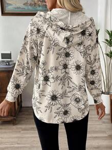 EMERY ROSE Damen Hoodie mit VollBlumen Muster, Drop Shoulder, lockerer Passform, gerundeter Saum und halber Knopfleiste, für Frühling/Herbst