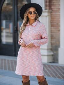 SHEIN LUNE Polo Neck Drop Shoulder Tee Dress - Pink - View 4