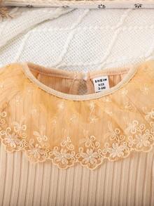 SHEIN 女婴优雅甜美网眼撞色长袖上衣和破洞牛仔裙 2 件套服装，春秋装