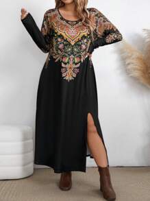 Plus Size Round Neck Long Sleeve Printed Minimalist Split Maxi Casual Dress - Multicolor - View 6