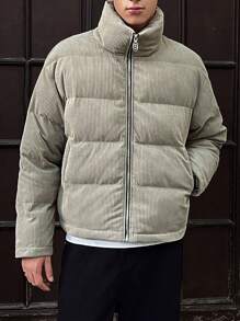 Manfinity VCAY Men's Woven Fashionable Casual Ribbed Loose Open Front Long Sleeve Zipper Padded Coat, For Fall Winter - Green - View 2