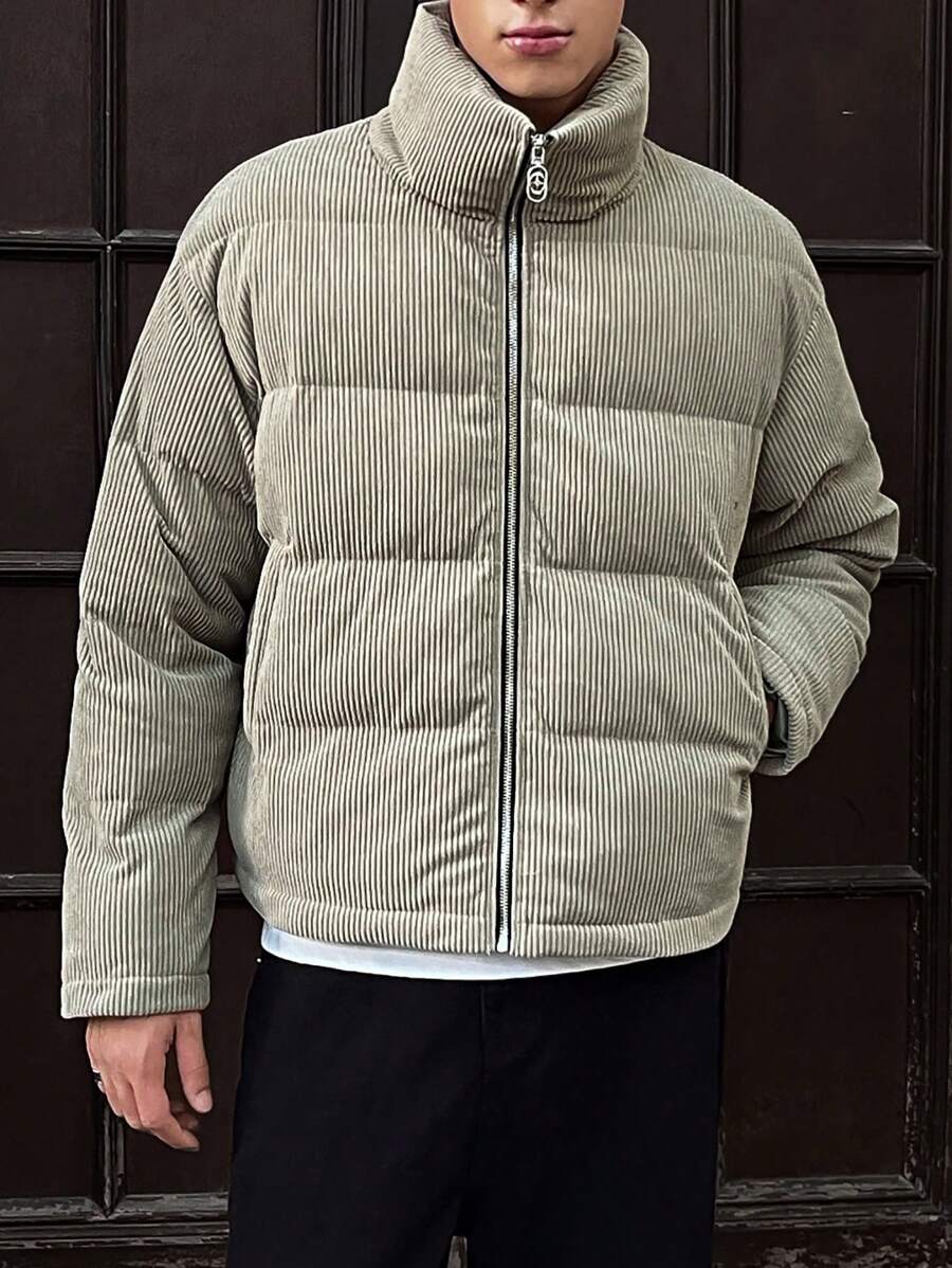 Manfinity VCAY Men's Woven Fashionable Casual Ribbed Loose Open Front Long Sleeve Zipper Padded Coat, For Fall Winter