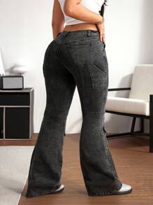 SHEIN ICON 女式纯色紧身口袋牛仔裤 - 黑色 - 查看 2