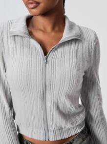 Flirla 1pc Women Grey Casual Minimalist Knitted Textured Mock Neck Long Sleeve Slim Fit Sweatshirt For Autumn/Winter