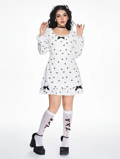 Kawaii Women's Bowknot Print Patchwork Ruffle Trim Mini White Dress