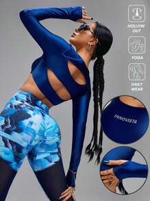 Innovista Oversized T-Shirt mit Buchstaben-Muster, Rundhalsausschnitt, Rückenausschnitt, Langarm, ultrakurz, Sportoberteil, Tennisshirt, Herbstmode, Alltagsmode, dehnbares, schlankes T-Shirt, blaues Oberteil für Damen Herbstoutfits, hellblau