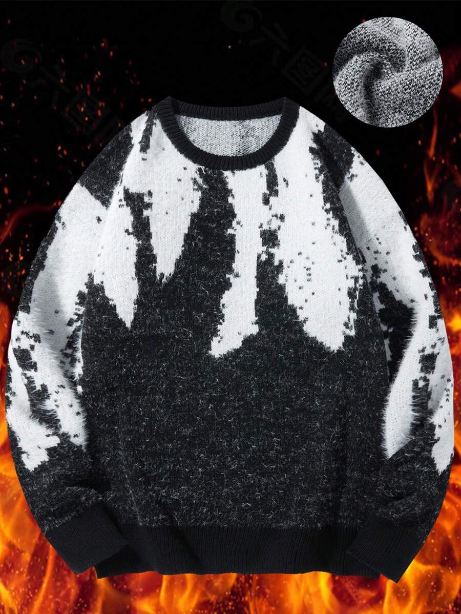 Manfinity Homme Men's Casual Colorblock Crew Neck Sweater, Autumn & Winter - Black and White - View 1