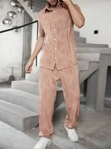 Manfinity Homme 2pcs Men Solid Color Textured Short Sleeve Pocket Buttoned Shirt And Casual Pants Set - Brown - View 5